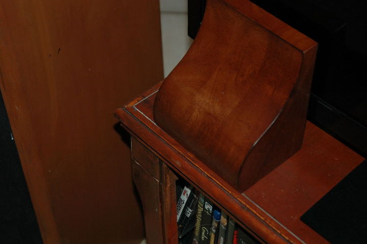 should we refinish the mantel so that the everything matches, Comparison of dark cherry and distressed AV cabinet finish