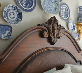 blue and white plate wall from the thrift store, bedroom ideas, repurposing upcycling, wall decor