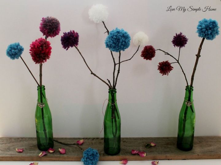 diy pom pom twig bouquets, crafts