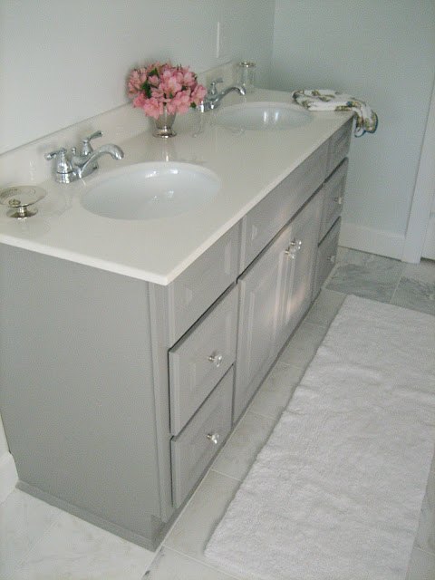 diy custom gray painted bathroom vanity from a builder grade cabinet, bathroom ideas, painted furniture