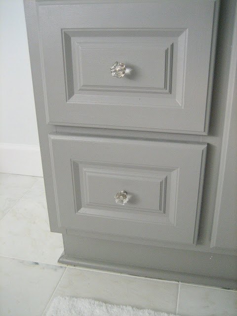 diy custom gray painted bathroom vanity from a builder grade cabinet, bathroom ideas, painted furniture