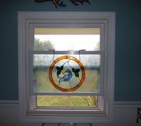 q window treatment affordable ideas, window treatments, windows, AFTER in daylight It doesn t completely obscure the outside The circle of stained glass hangs over