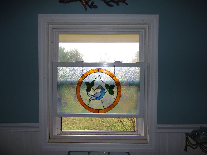 q window treatment affordable ideas, window treatments, windows, AFTER in daylight It doesn t completely obscure the outside The circle of stained glass hangs over