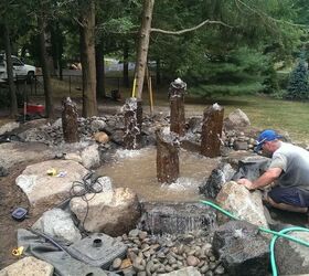 5 basalt column fountainscape with new outdoor kitchen and pergola, kitchen design, outdoor living, ponds water features