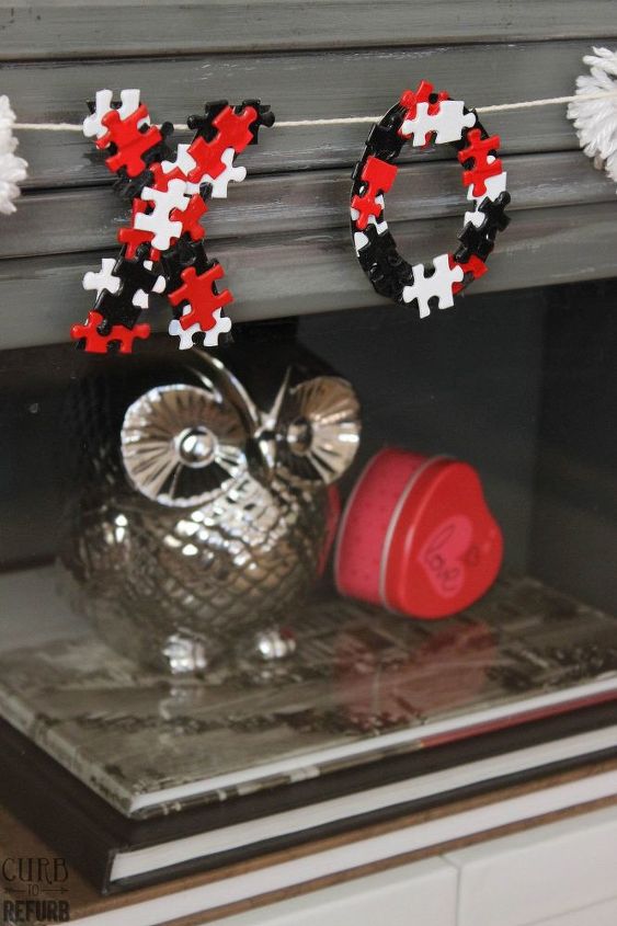 puzzle art valentine garland, crafts, seasonal holiday decor, valentines day ideas
