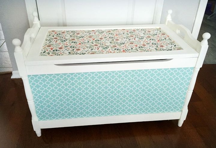 mod podge toy box transformation, chalk paint, decoupage, painted furniture, Finished