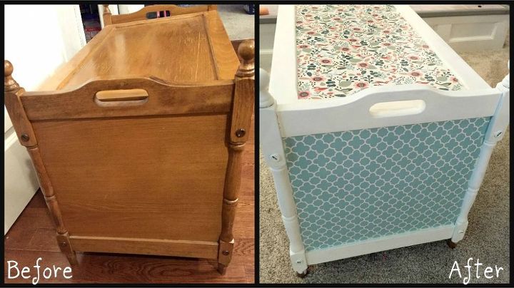 mod podge toy box transformation, chalk paint, decoupage, painted furniture, Before and After Side View