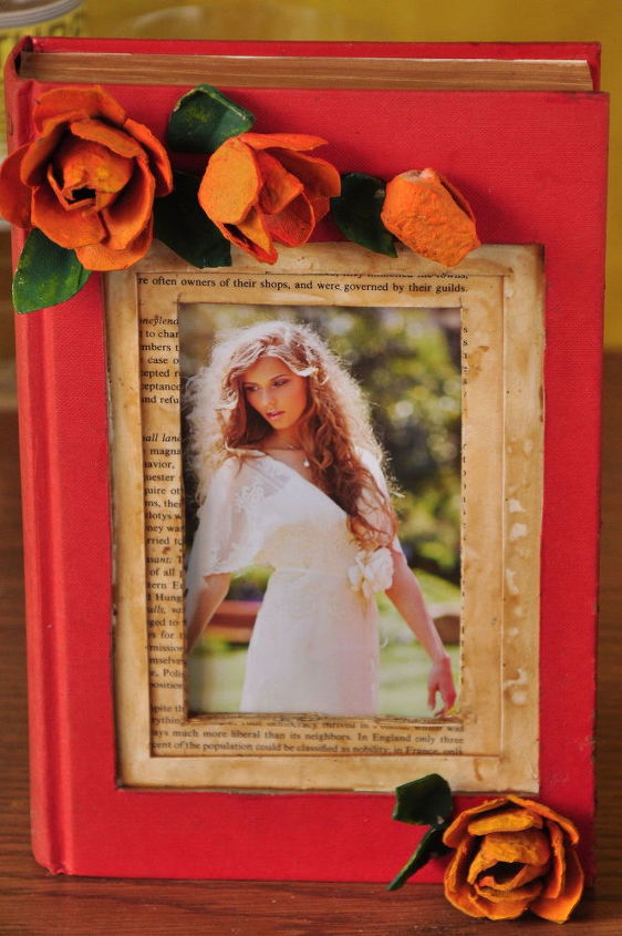 damaged books became photo frames, The roses are made from egg cartons
