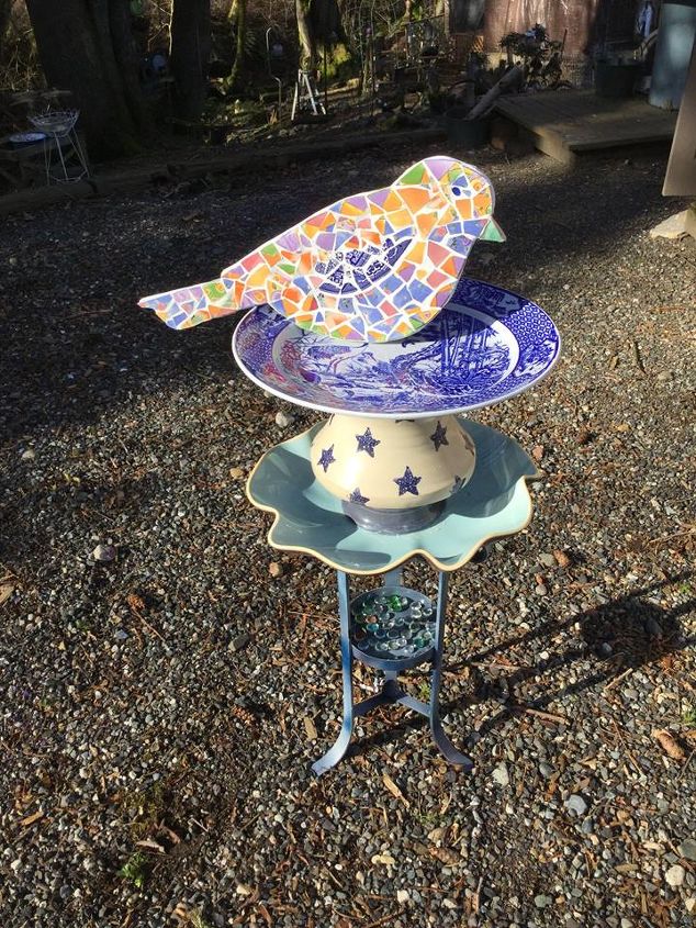 glass totem bird bath and birdie, crafts, outdoor living, repurposing upcycling