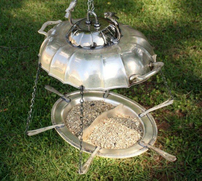s 17 amazing garden features we ve been saving for summer, gardening, outdoor living, ponds water features, A silver dinner set turned bird feeder