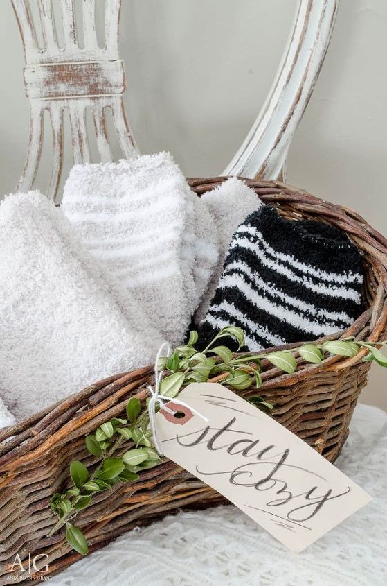 keep a basket of socks for your guests to wear when they visit, home decor