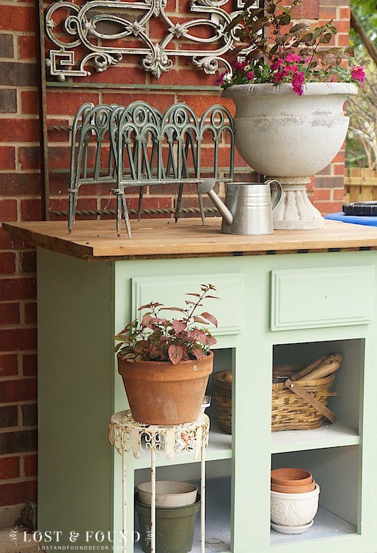 base cabinet turned potting bench, container gardening, gardening, outdoor furniture, repurposing upcycling