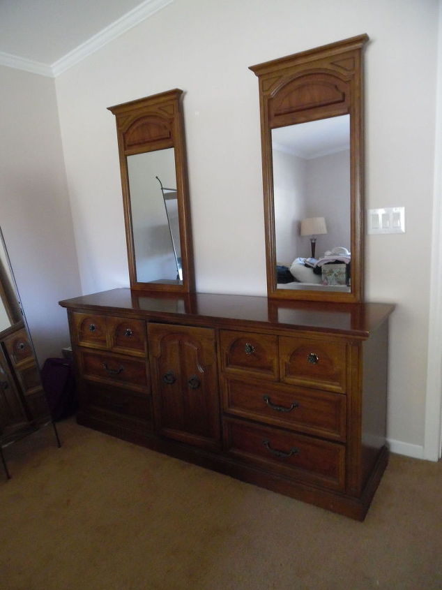 q i would love to redo my bedroom suite but it is 1960 s mediterranean, painted furniture, painting wood furniture, Pecan finish Meditterranean style Mirrors removable Have two night stands and a high chest of drawers All is circa 1970
