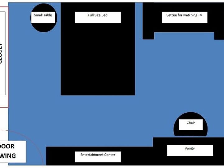 q would like some constructive advice about bedroom furniture placement, bedroom ideas, home decor, home decor dilemma, Here s option 1 You ll see I ve got a few things to deal with a very large window that takes up almost an entire wall and NO it really isn t centered the closet and the door swing