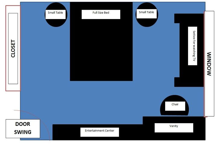 q would like some constructive advice about bedroom furniture placement, bedroom ideas, home decor, home decor dilemma, This is option 2 the bed and end tables would be the focal point on the long wall but I m not sure how I feel about having the settee against the window