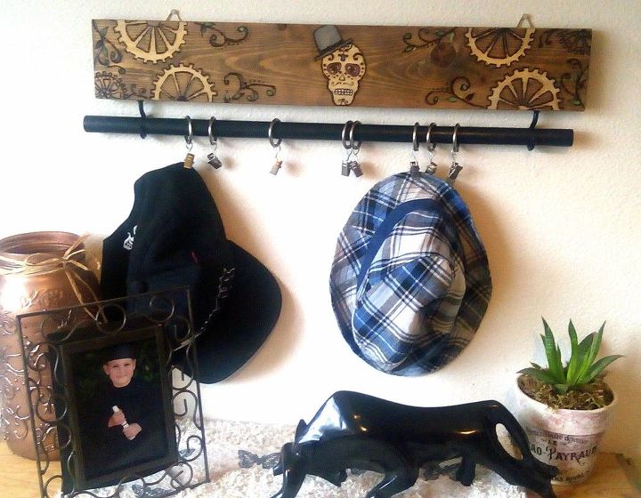 steampunk wood burned hat rack, how to, organizing, wall decor