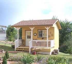 s 11 sheds to show your handy husband this summer, outdoor furniture, outdoor living, Her Charming Golden Cottage from Scratch