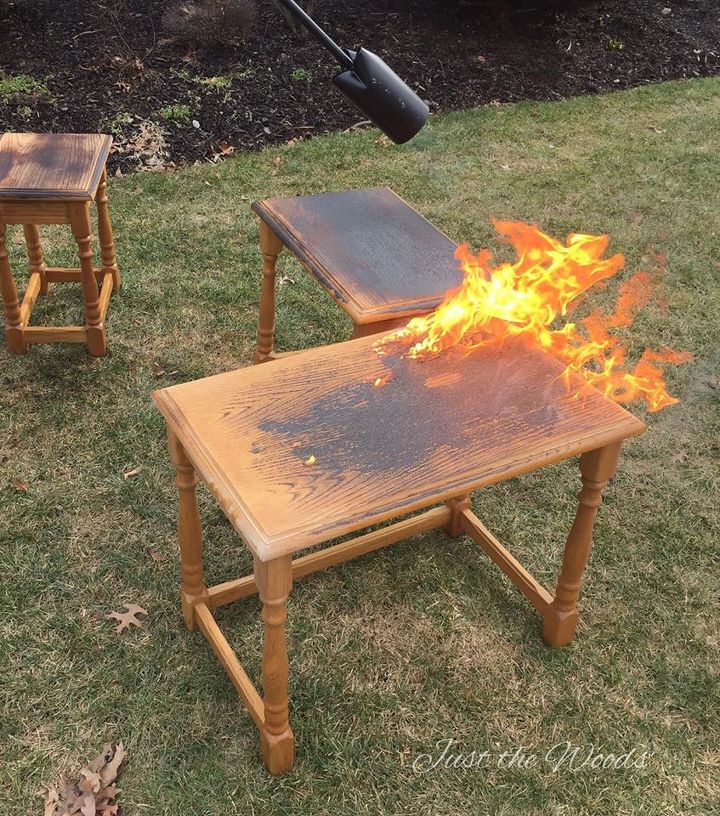 wood burning toasted oak stacking tables, diy, painted furniture, woodworking projects