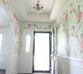 s 13 inexpensive entryway ideas that will make you smile every time you, crafts, foyer, Wallpaper just the top of the walls for a pop