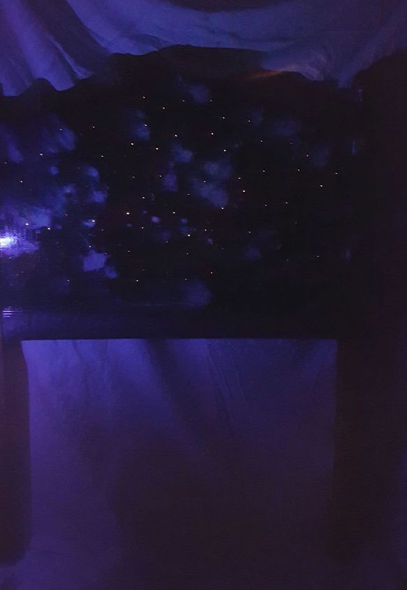 headboard boring to wow outta this world dyi galaxy night light, bedroom ideas, home decor, woodworking projects, This is photographed under a black light