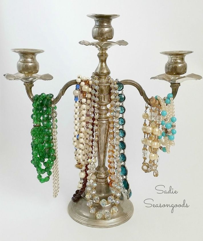 vintage silver candelabra jewelry tree, organizing, repurposing upcycling