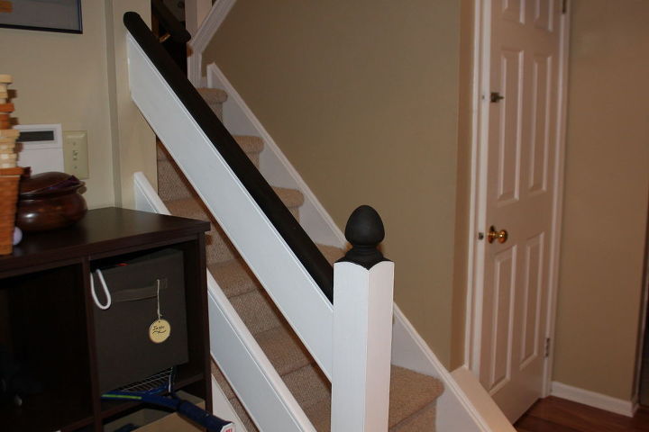 transforming our railing from boring brown to beautiful black stain, foyer, painting, stairs
