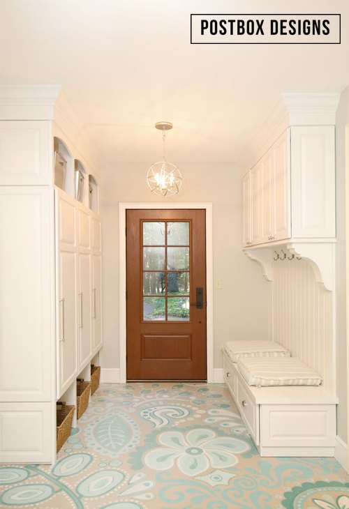 mudroom with painted concrete floors, concrete masonry, foyer, painting, Cottage Mudroom Lockers Bench