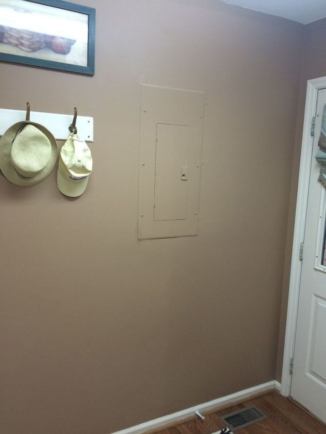 repurposed kitchen cabinet door covers ugly fuse box chalkboard paint diy hvac