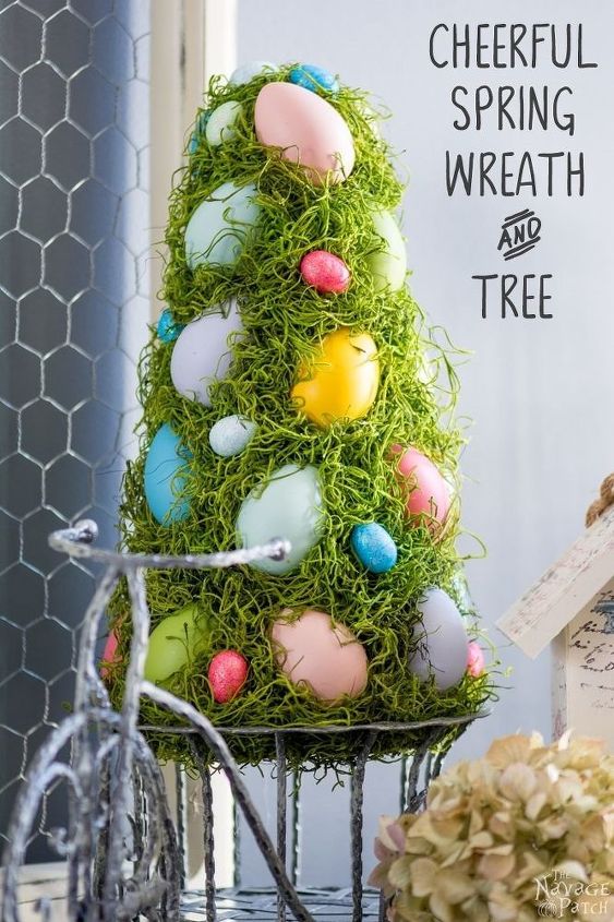 cheerful spring wreath and tree, crafts, easter decorations, seasonal holiday decor
