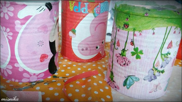 tin cans upcycle decoupage technique, crafts, decoupage, organizing, repurposing upcycling