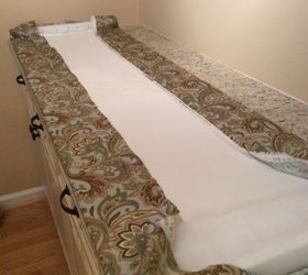 cornice and shower curtain, bathroom ideas, small bathroom ideas, reupholster, Attaching the fabric was fun