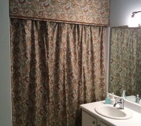 cornice and shower curtain, bathroom ideas, small bathroom ideas, reupholster, Finished product