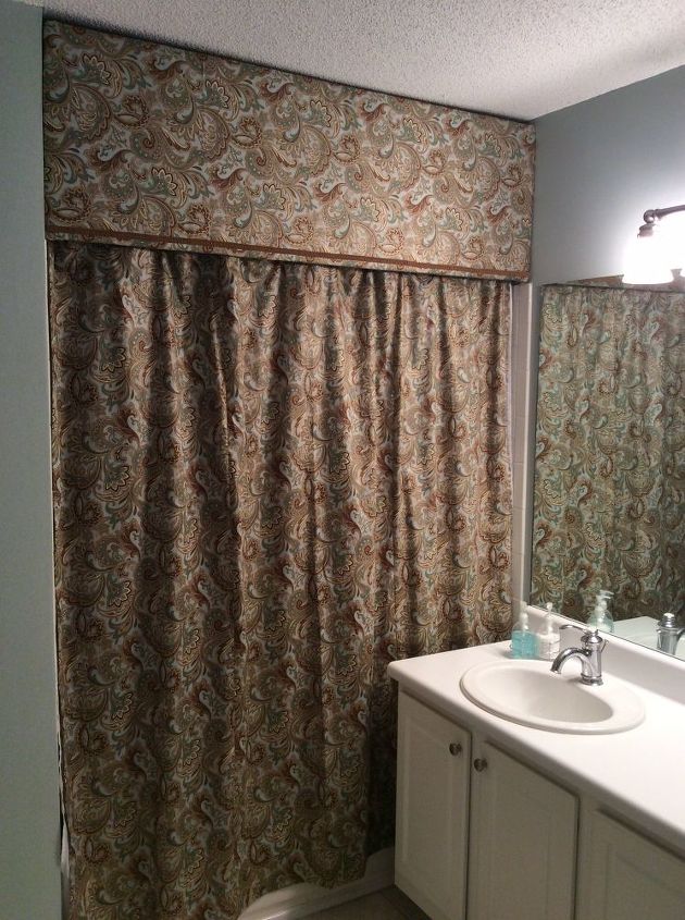 cornice and shower curtain, bathroom ideas, small bathroom ideas, reupholster, Finished product