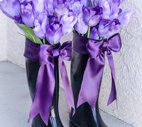 how i upcycled ugly rain boots into gorgeous spring decorated vases, container gardening, gardening, repurposing upcycling