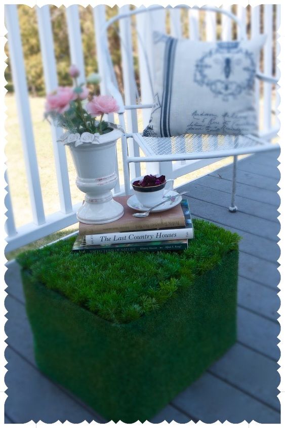 diy my spring blog hop faux grass ottoman, outdoor furniture, outdoor living, painted furniture