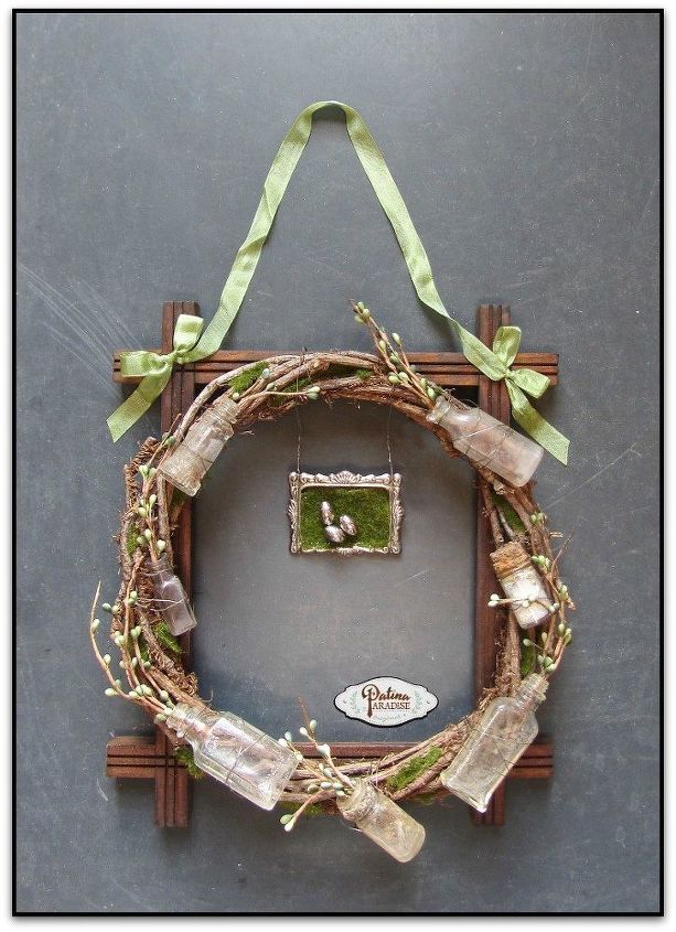 rustic spring wreath with vintage bottles, crafts, rustic furniture, seasonal holiday decor, wall decor, wreaths