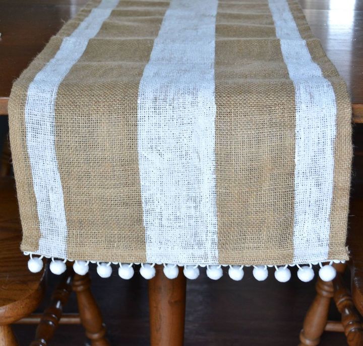 striped burlap table runner with pom trim, crafts