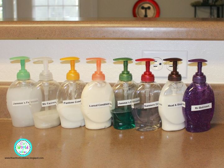 13 tricks people who hate bathroom clutter swear by, Put hair body products in hand soap bottles