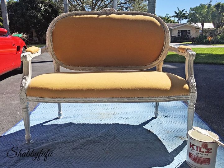 an inexpensive yard sale find goes gorgeous, painted furniture, reupholster