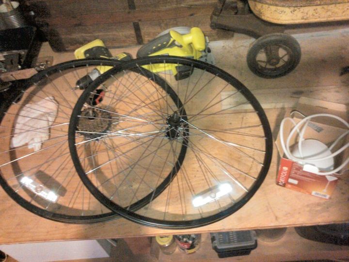 repursed bike wheels and auto plates hanging light, lighting, repurposing upcycling, Set of Roadmaster 24 Wheels picked up at loc