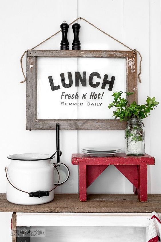 having lunch with an old window with an instant sign, crafts, kitchen design, repurposing upcycling, wall decor, windows