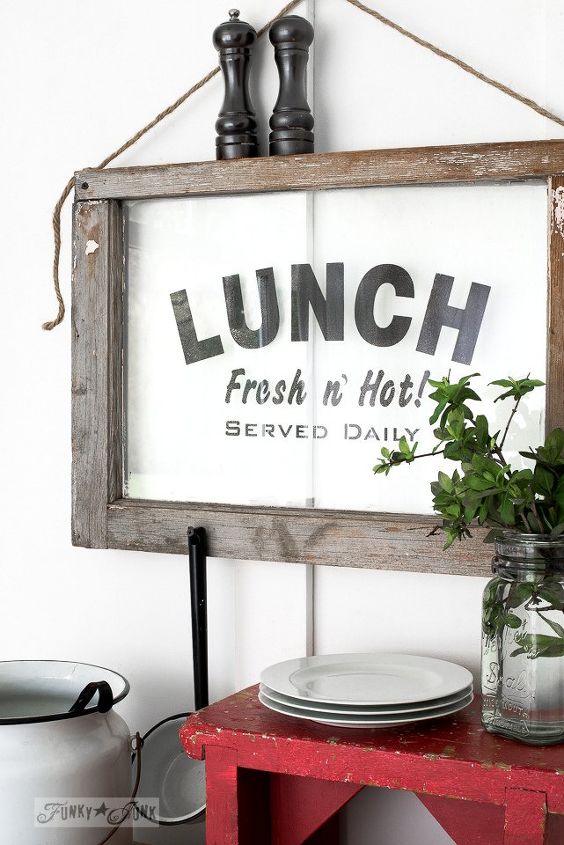 having lunch with an old window with an instant sign, crafts, kitchen design, repurposing upcycling, wall decor, windows