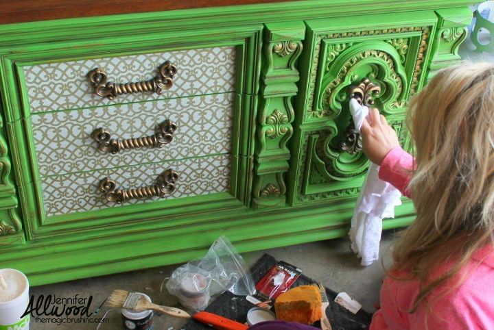 bold green dresser makeover with decoupage drawers, decoupage, painted furniture