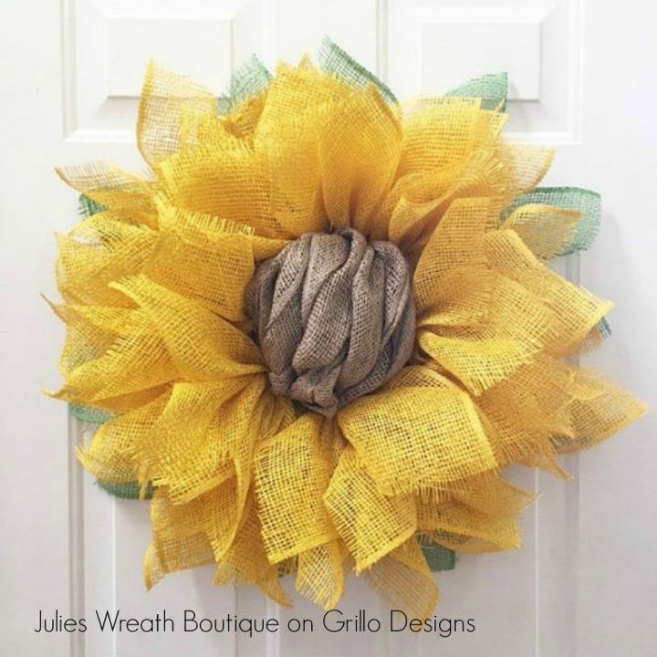 s 31 gorgeous spring wreaths that will make your neighbors smile, crafts, seasonal holiday decor, wreaths, Craft a sunflower from burlap