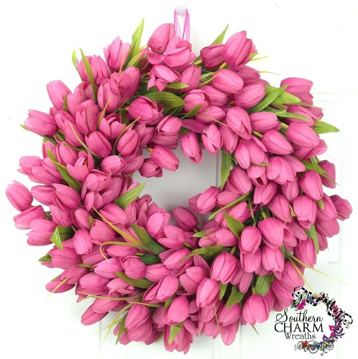 s 31 gorgeous spring wreaths that will make your neighbors smile, crafts, seasonal holiday decor, wreaths, Weave this explosion of tulips with ribbon