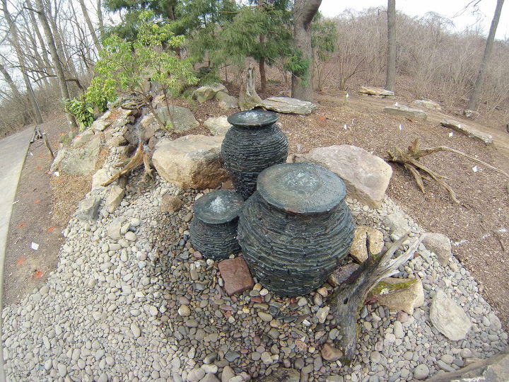 multiple bubbling urn fountain feature with pondless waterfall, landscape, ponds water features
