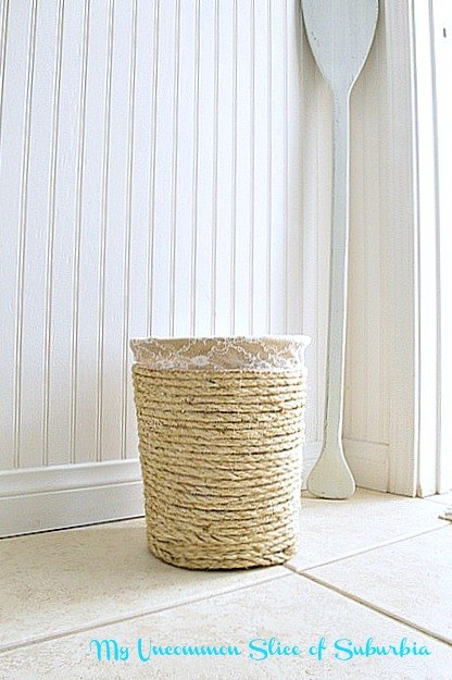 Thrifty Makeover Nautical Trashcan With Rope Hometalk Thrifty Makeover Nautical Trashcan With Rope Bathroom Ideas Crafts Repurposing Upcycling