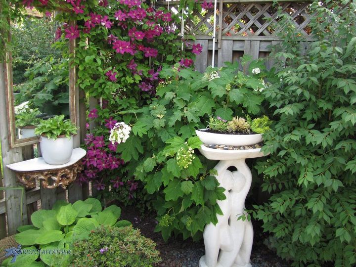 ideias criativas de vasos de flores para o jardim, Hort nsia de folha de carvalho e clematite ao fundo