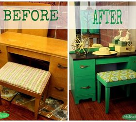 custom green art deco vanity and bench makeover, painted furniture