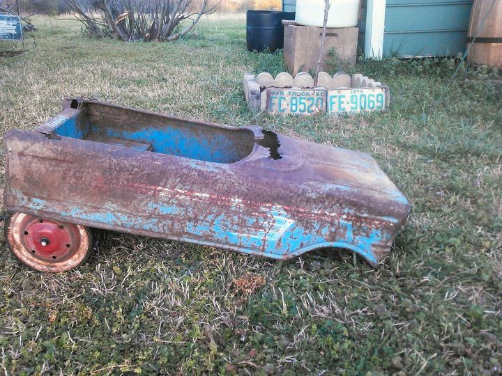 new life for vintage murray tee bird pedal car, container gardening, gardening, outdoor living, repurposing upcycling, Was not much left prior to break down